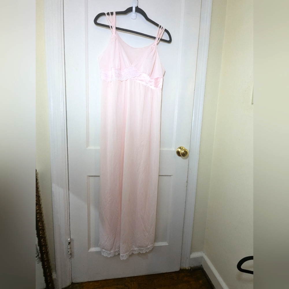 Vintage pink and white lace trimmed maxi nightgown